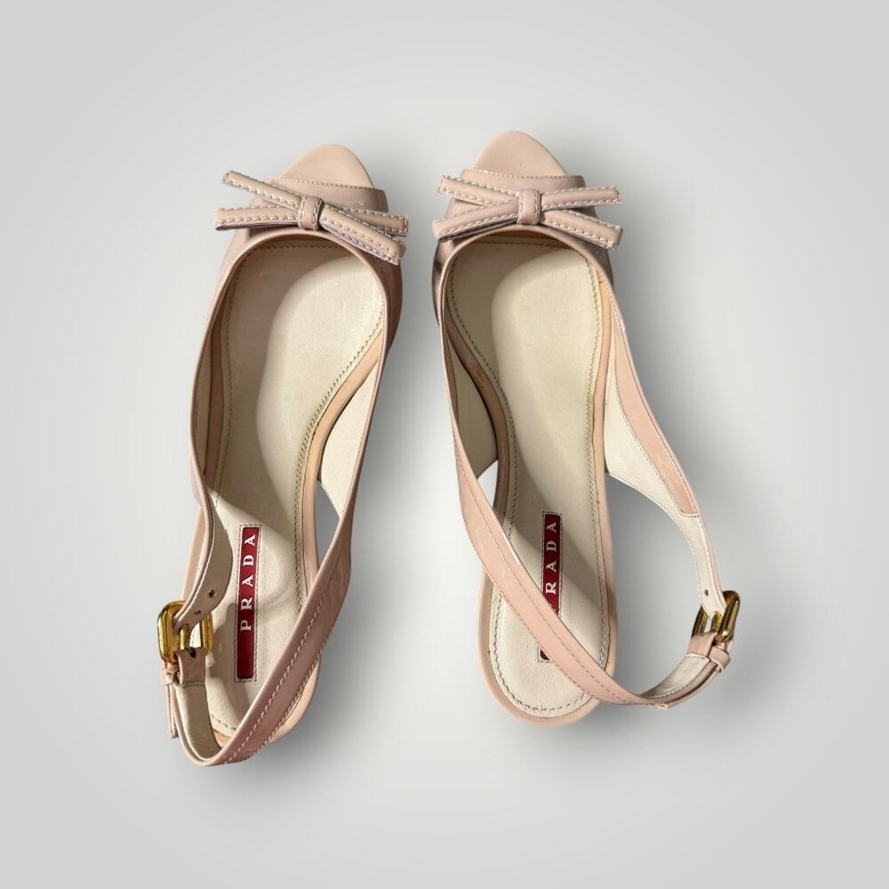 Prada Patent Leather Slingback Wedge Sandals Bow Peep Toe Nude Pink Size 37.5 - Picture 3 of 16